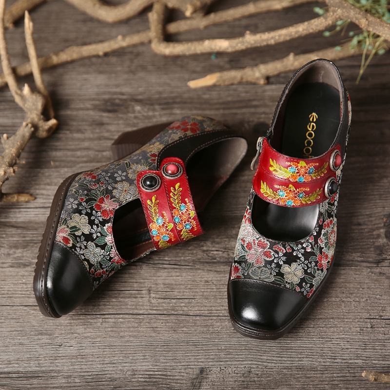 Retro Blommor Med Tryck Bead Spänne Rem Äkta Läder Låg Klack Zipper Pumps
