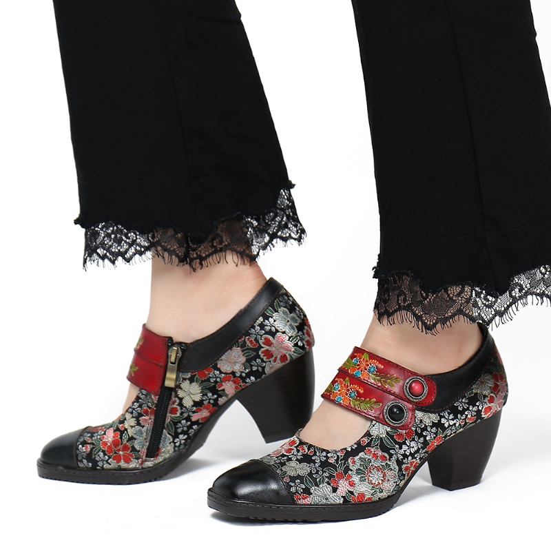 Retro Blommor Med Tryck Bead Spänne Rem Äkta Läder Låg Klack Zipper Pumps