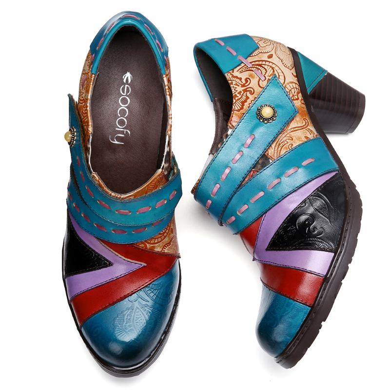 Retro Fancy Präglade Mönster Splitsning Av Äkta Läder Snygga Casual Pumps