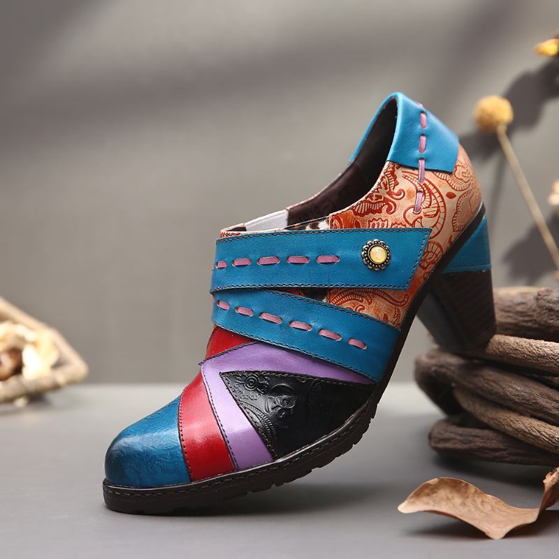 Retro Fancy Präglade Mönster Splitsning Av Äkta Läder Snygga Casual Pumps