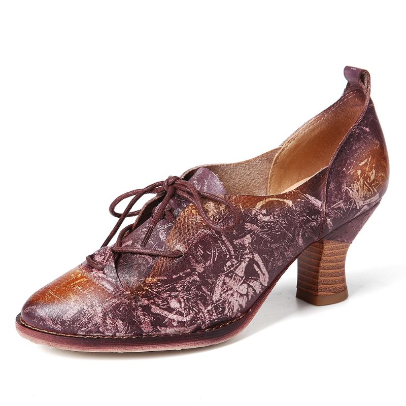 Retro Högklackad Spetsad Äkta Läder Slip-on Pumps