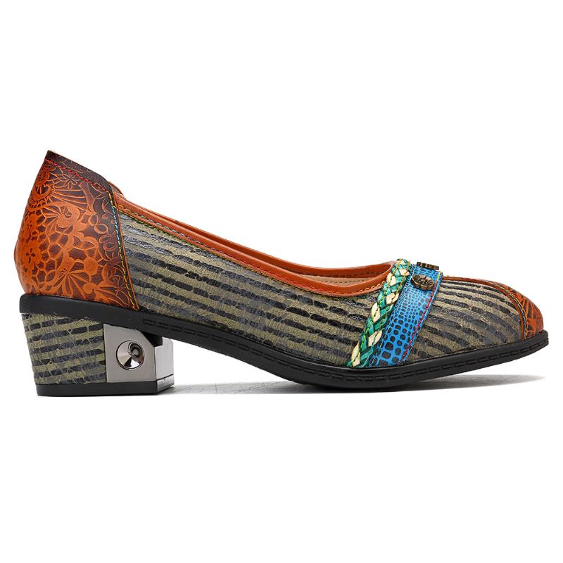 Retro Knot Rep Blommor Spänne Färgat Band Skarvning Svarta Ränder Bekväma Slip On Pumps