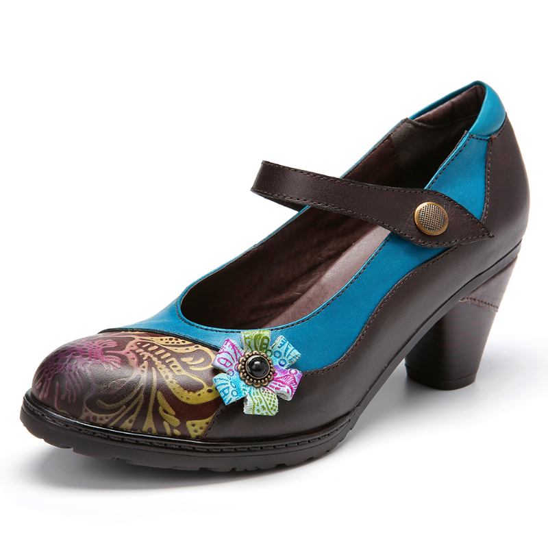 Retro Läder Floral Splicing Chunky Heel Pumps Mary Jane Dress Shoes