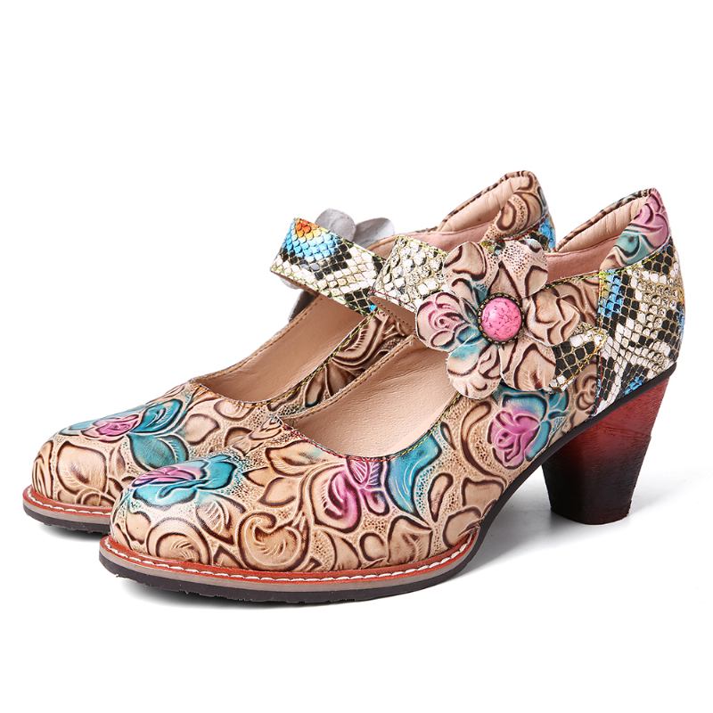Retro Läder Floral Splicing Ormskinn Rund Tå Chunky Heel Pumps