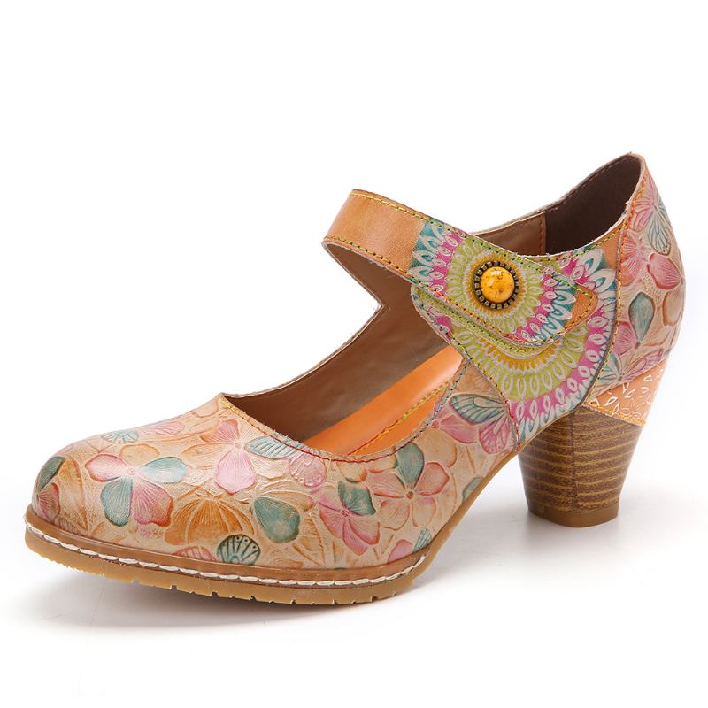 Retro Läder Präglad Blommig Krokögla Ankelrem Chunky Heel Pumps