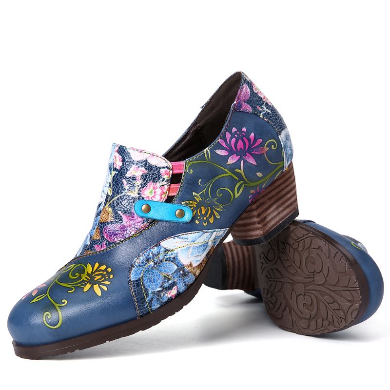 Retro Präglade Blommor Pumps Med Kort Klack I Äkta Läder