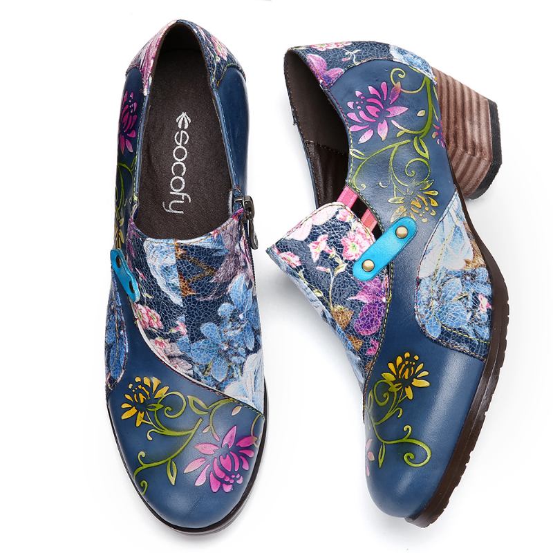 Retro Präglade Blommor Pumps Med Kort Klack I Äkta Läder