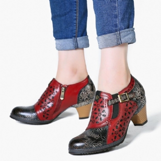Retro-präglat Äkta Läder Splicing Ihålig Dragkedja Chunky Heel Pumps