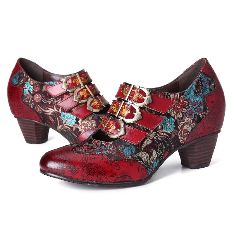 Retro Sömmar Delikat Blomma Präglade Äkta Läder Slip On Pumps