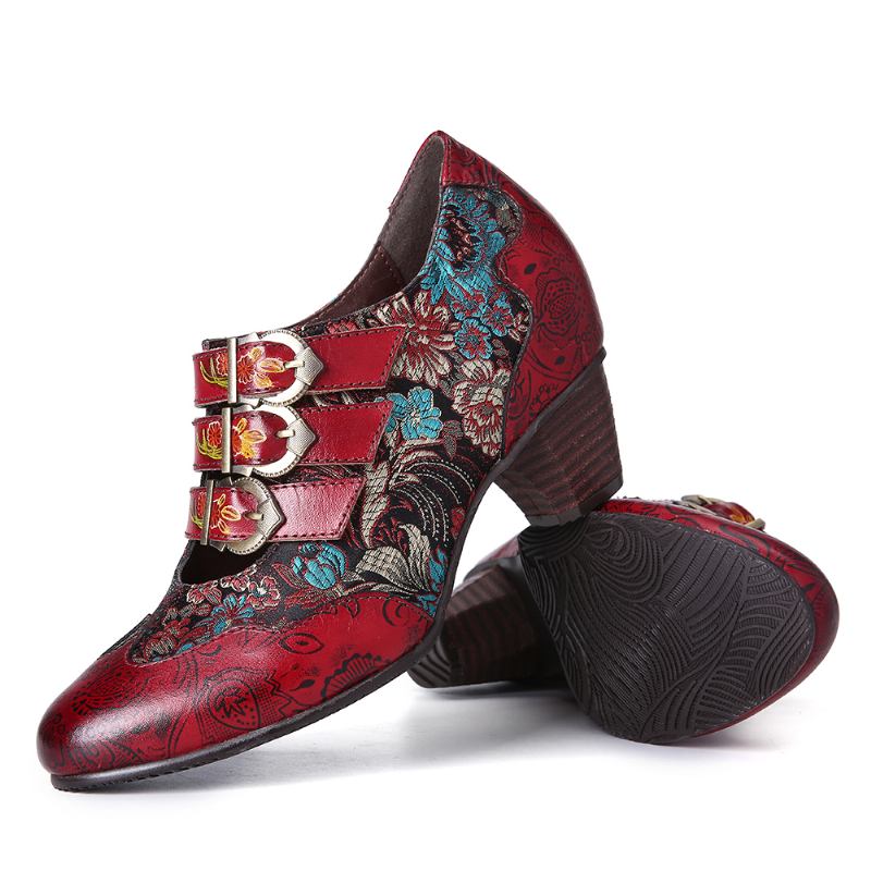 Retro Sömmar Delikat Blomma Präglade Äkta Läder Slip On Pumps