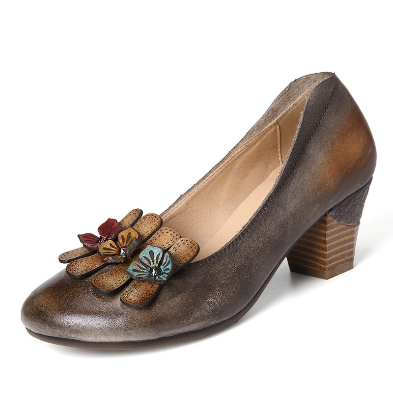 Retro Tre Färger Söta Blommor Shallow Mouth Rund Läder Slip On Casual Pumps