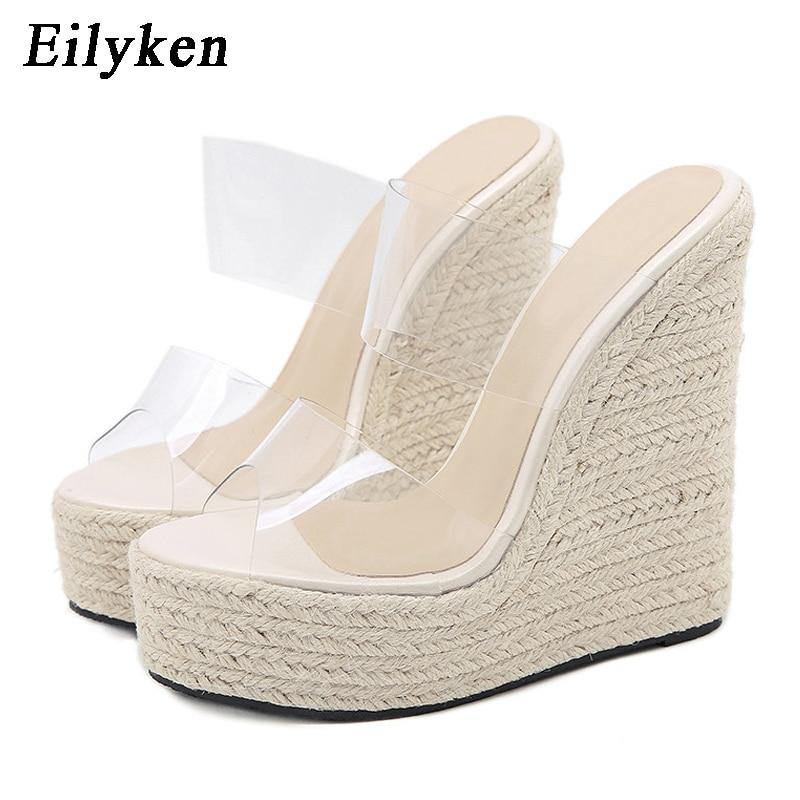 Sommar Pvc Transparent Peep Toe Käpp Halm Väv Plattform Kilar Tofflor Sandaler Dammode Höga Klackar Damskor
