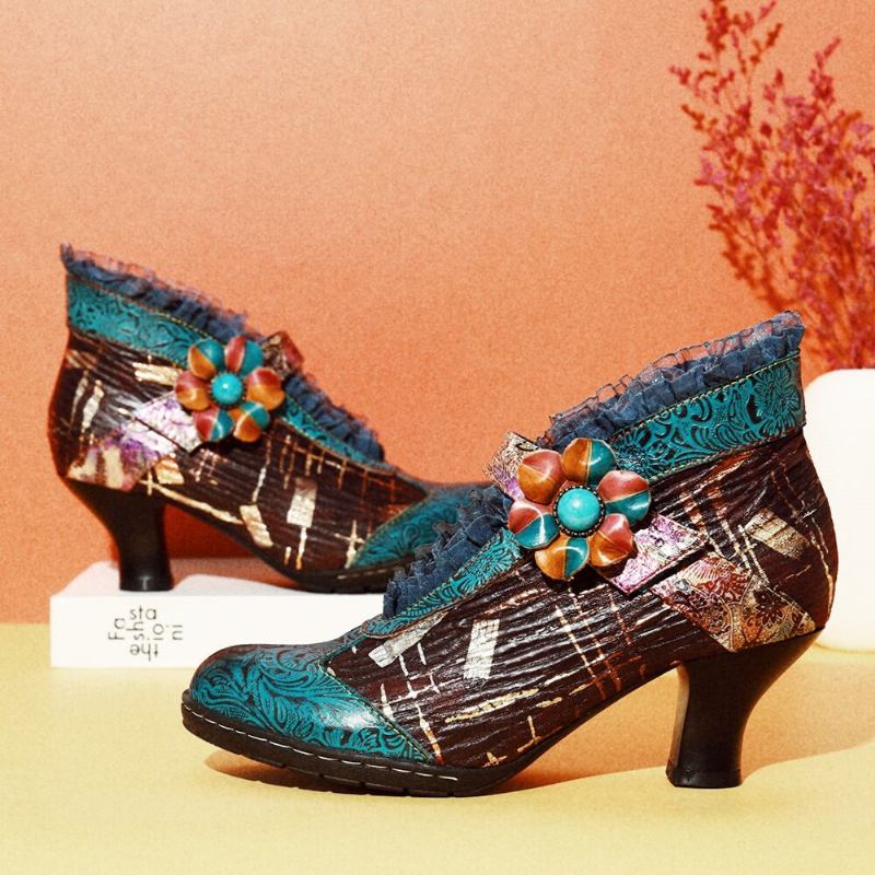 Spetsar Äkta Läder Splicing Blommig Lågklackat Elegant Pumps