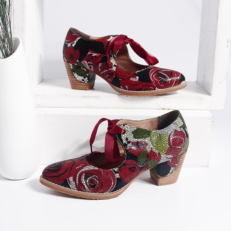 Super Bloom Rose Stitching Snörning Casual Dress Läder Pumps För Kvinnor