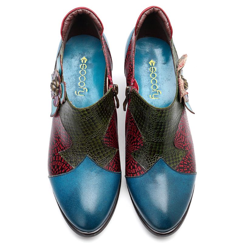 Vintage Handmålade Blommor Skarvmönster Blixtlås Mid Häl Äkta Läder Pumps