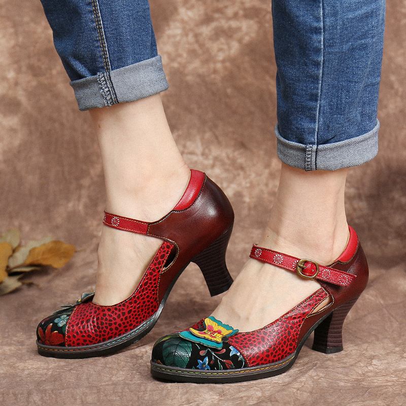 Vintage Läder Fjäril Splicing Cutouts Spänne Rem Chunky Heel Pumps