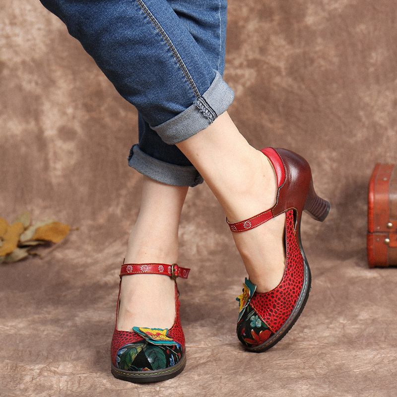 Vintage Läder Fjäril Splicing Cutouts Spänne Rem Chunky Heel Pumps