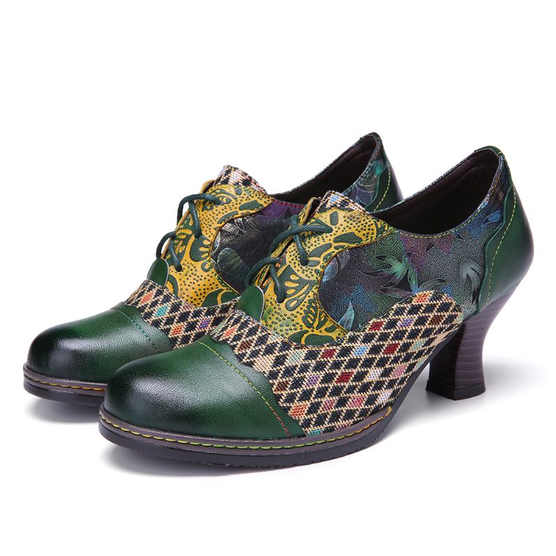 Vintage Läder Floral Pläd Splicing Lace-up Grön Chunky Heel Pumps