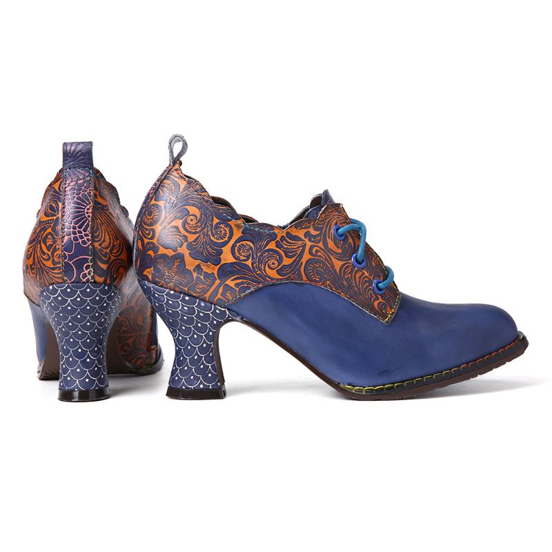 Vintage Läderblommiga Sömmar Snöra Dragkedja På Sidan Chunky Heel Pumps
