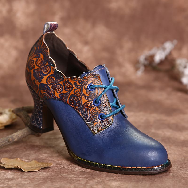Vintage Läderblommiga Sömmar Snöra Dragkedja På Sidan Chunky Heel Pumps