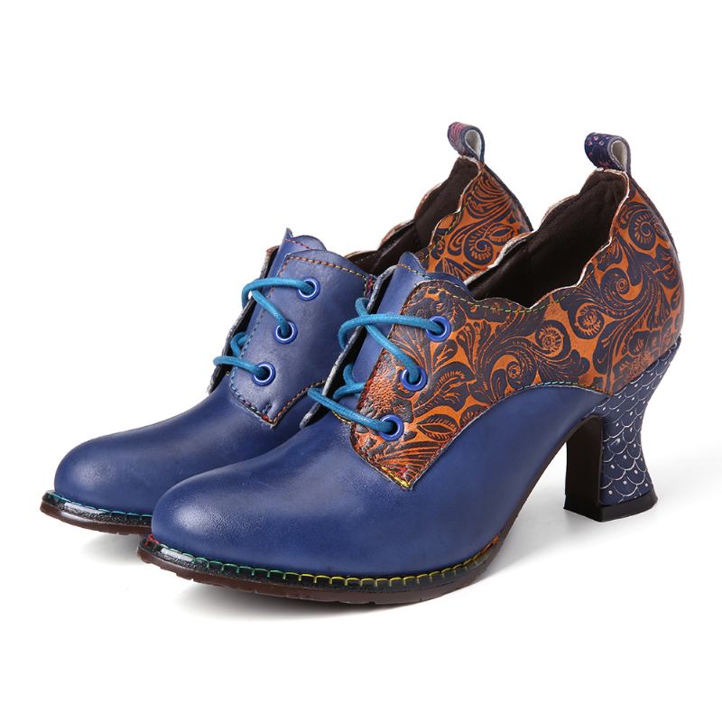Vintage Läderblommiga Sömmar Snöra Dragkedja På Sidan Chunky Heel Pumps