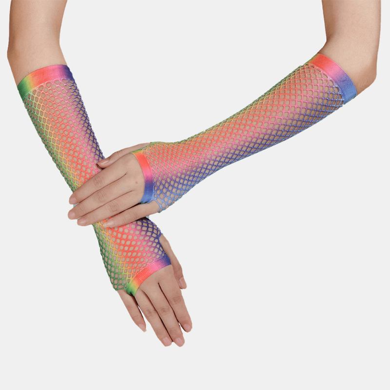 Dam Gradient Färgglada Mesh Andningshandskar Lång All-match Solskydd Fingerless Handskar Halvfinger Solskyddsärmar