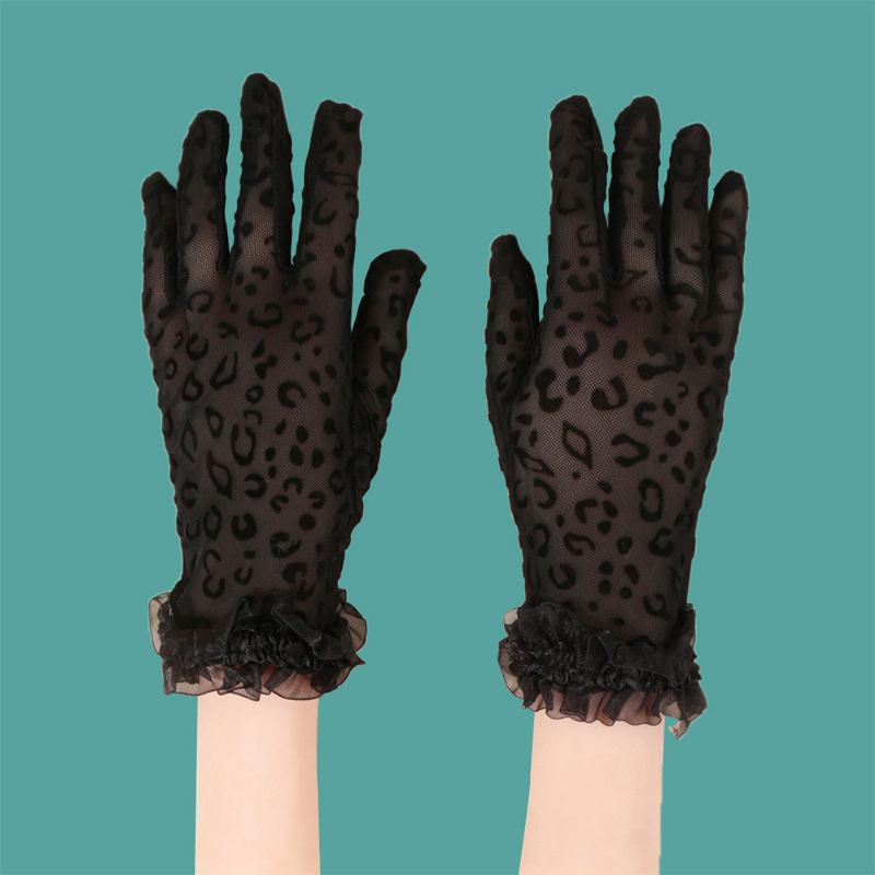 Kvinnor Polyester Bomull Spets Leopard Mönster Solskydd Andas Kort Full Finger Handskar