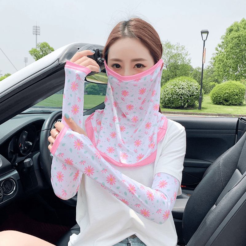 Tvådelad Solskyddskräm För Kvinnor Utomhus Uv-skydd Ice Silk Sleeve Arm Guard Sleeve Cover Ansikte Andas Veil Mask