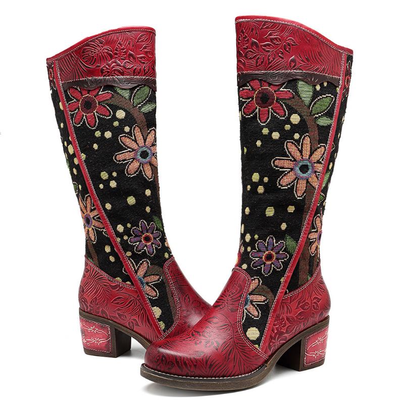Broderi Läder Mid Calf Boots