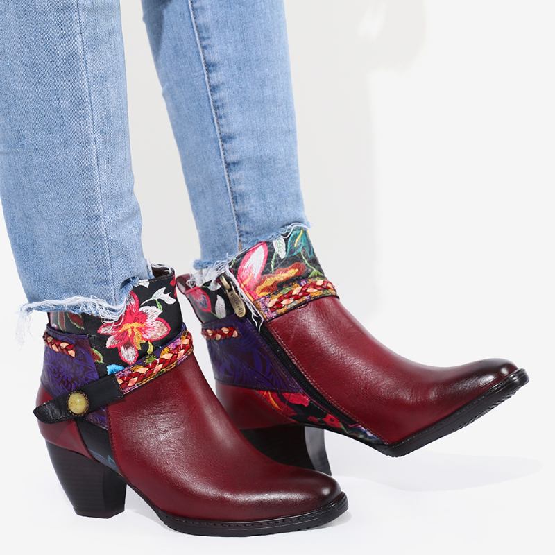 Damblommiga Burgundy Spänne Deco Square Toe Varmfodrade Dragkedja Ankel Boots
