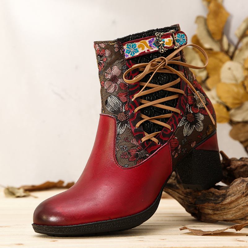 Elegant Blommig Skarvning Varmfodrad Dragkedja Chunky Heel Chelsea Boots