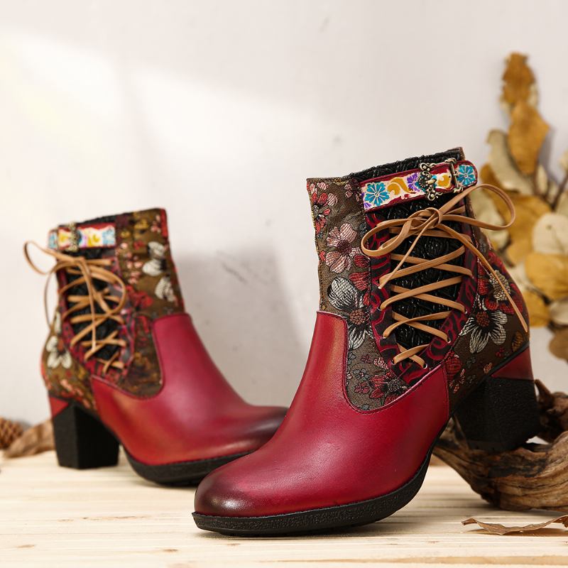 Elegant Blommig Skarvning Varmfodrad Dragkedja Chunky Heel Chelsea Boots