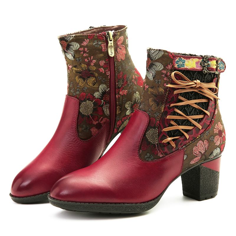 Elegant Blommig Skarvning Varmfodrad Dragkedja Chunky Heel Chelsea Boots
