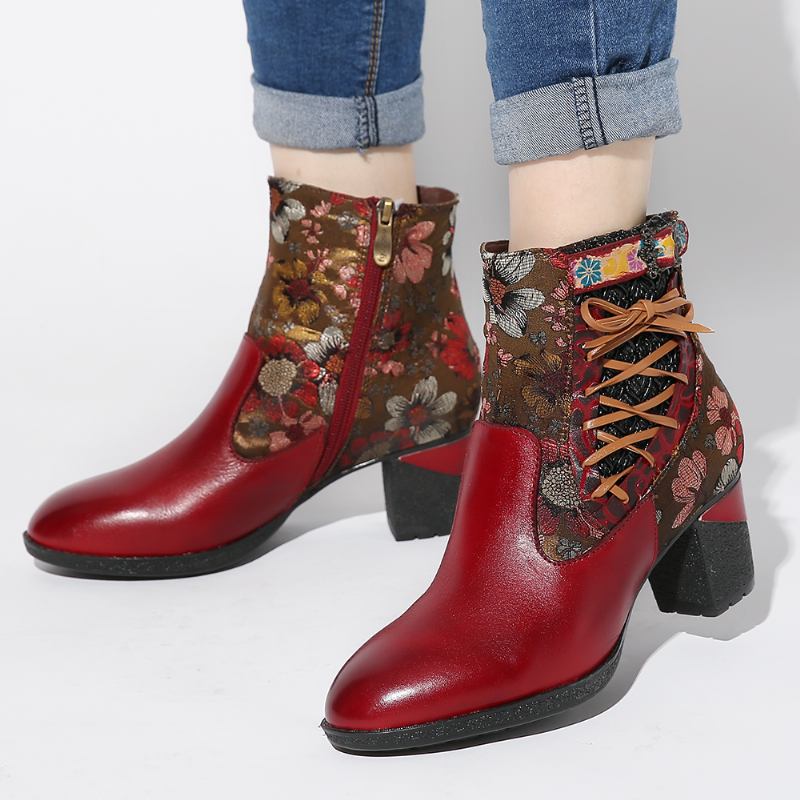 Elegant Blommig Skarvning Varmfodrad Dragkedja Chunky Heel Chelsea Boots