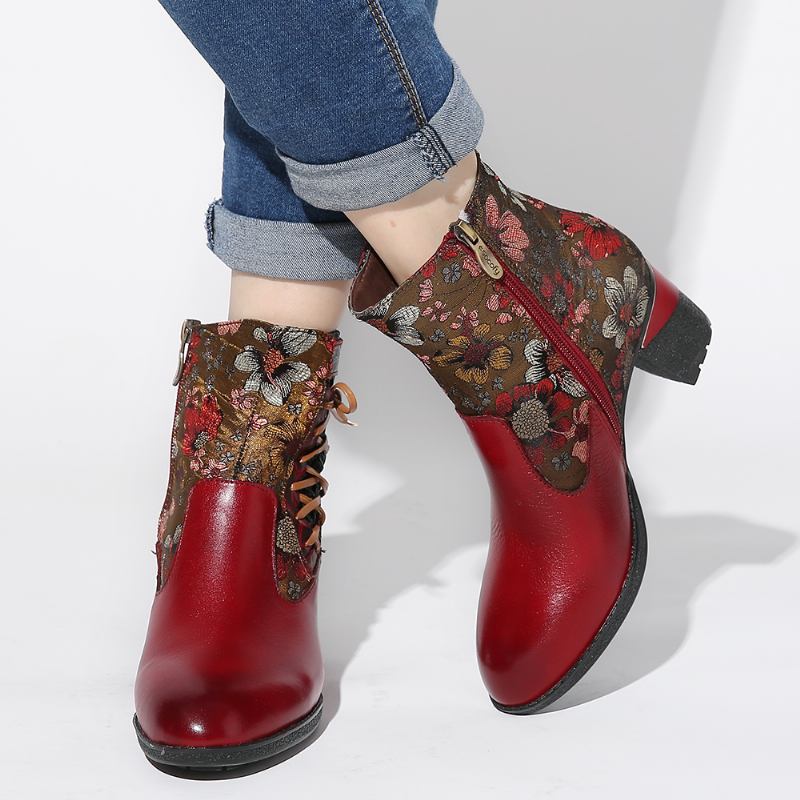 Elegant Blommig Skarvning Varmfodrad Dragkedja Chunky Heel Chelsea Boots