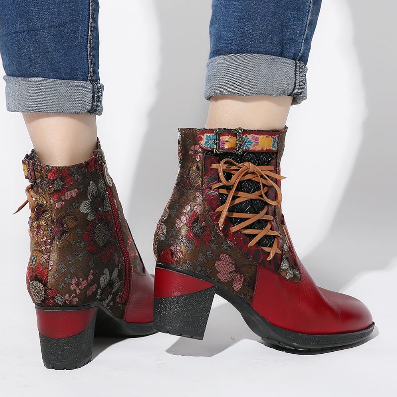 Elegant Blommig Skarvning Varmfodrad Dragkedja Chunky Heel Chelsea Boots