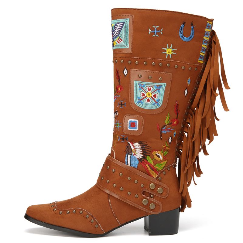 Folkways Broderad Rygg Tofs Deocr Bärbara Chunky Heel Mid-calf Boots