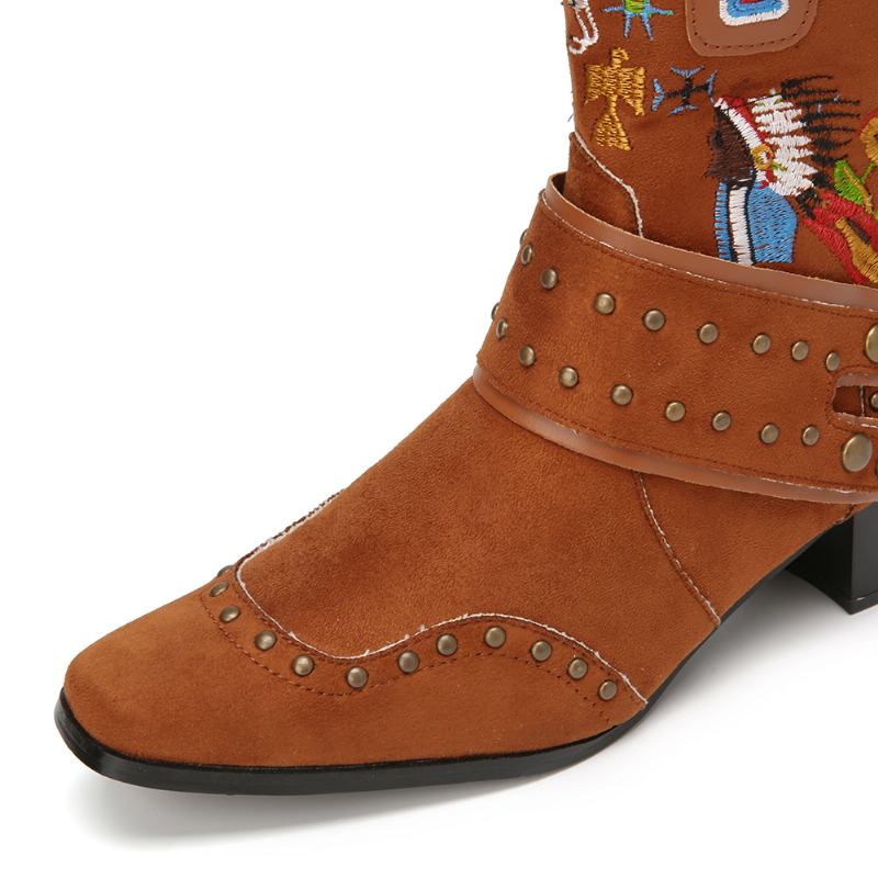 Folkways Broderad Rygg Tofs Deocr Bärbara Chunky Heel Mid-calf Boots