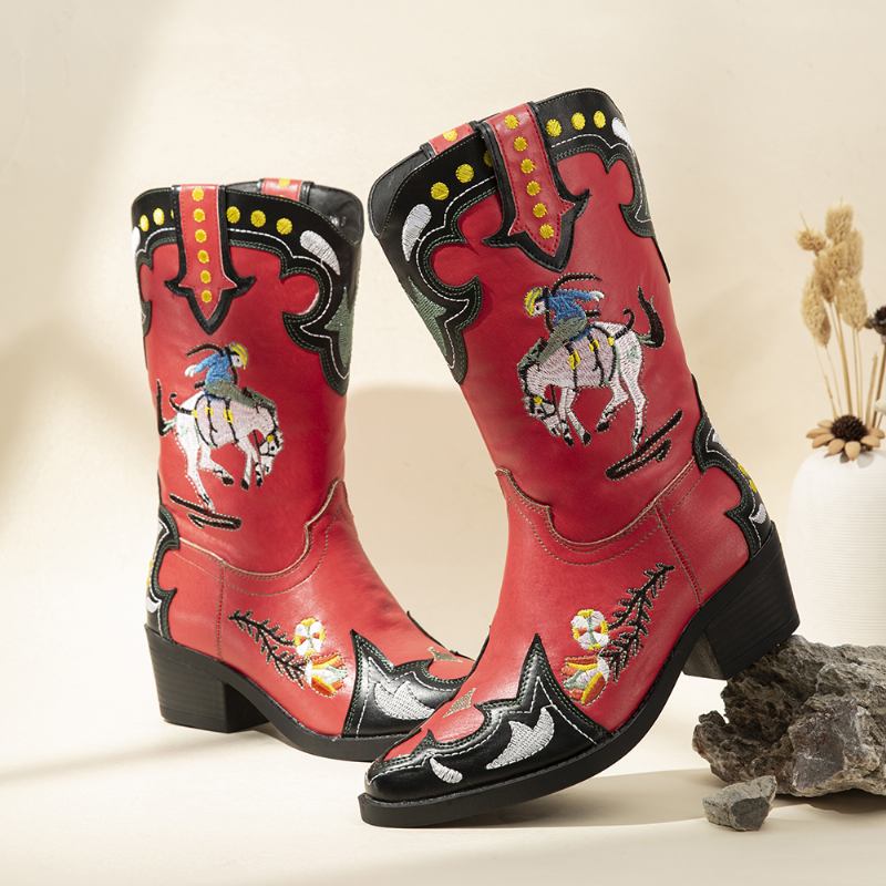 Folkways Broderad Splicing Bärbara Chunky Heel Cowboystövlar Med Mitten Av Vaden