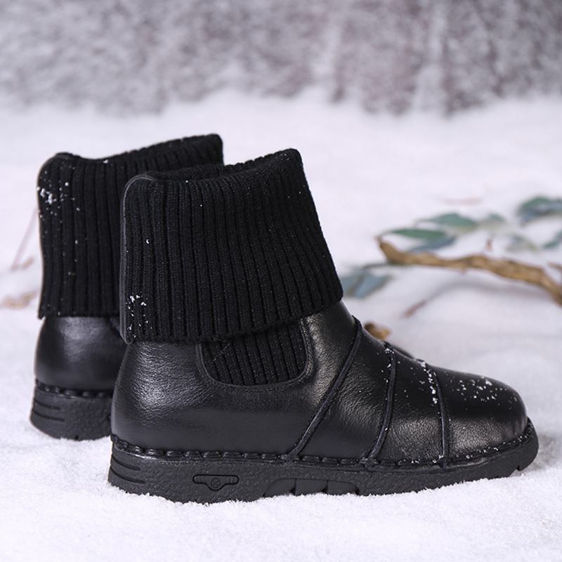 Kohud Lädersömmar Varmt Foder Slip-on Flat Snow Short Boots