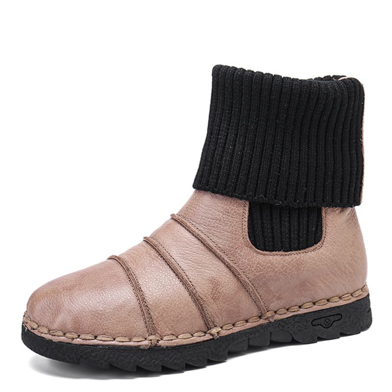 Kohud Lädersömmar Varmt Foder Slip-on Flat Snow Short Boots