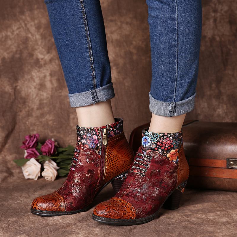 Kvinnor Casual Blommigt Skarvmönster Varmfodrad Zip Up Cone Heel Ankel Boot