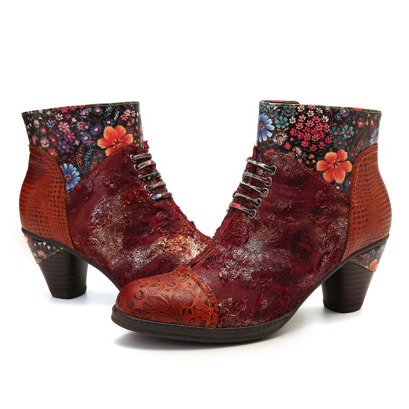 Kvinnor Casual Blommigt Skarvmönster Varmfodrad Zip Up Cone Heel Ankel Boot