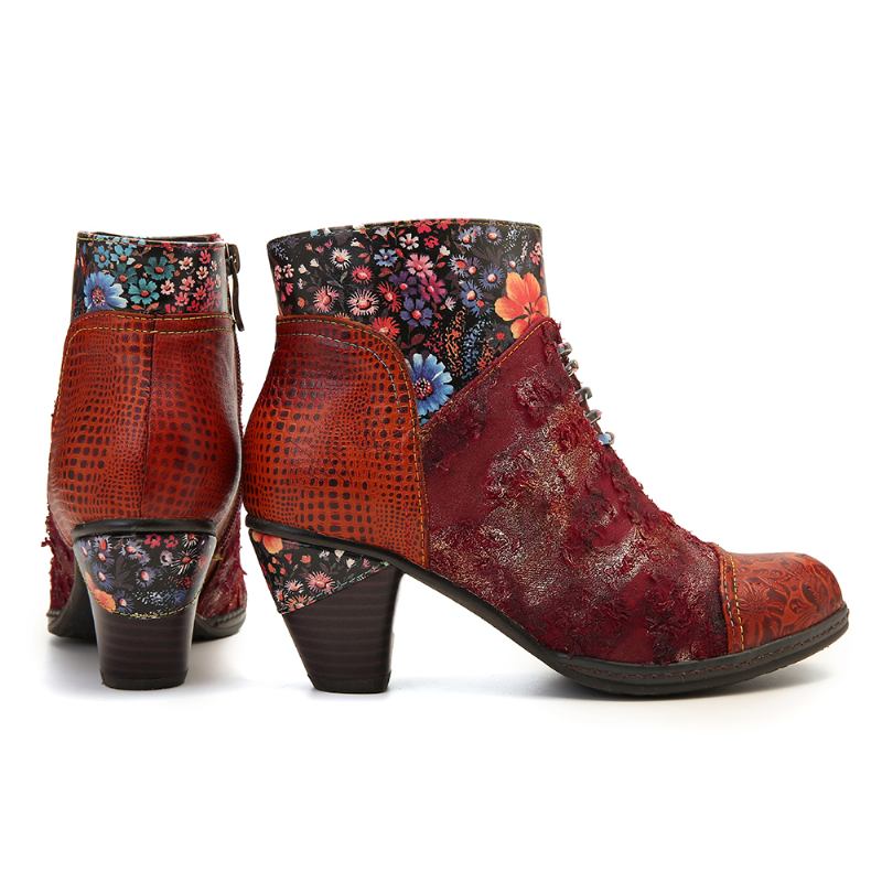 Kvinnor Casual Blommigt Skarvmönster Varmfodrad Zip Up Cone Heel Ankel Boot