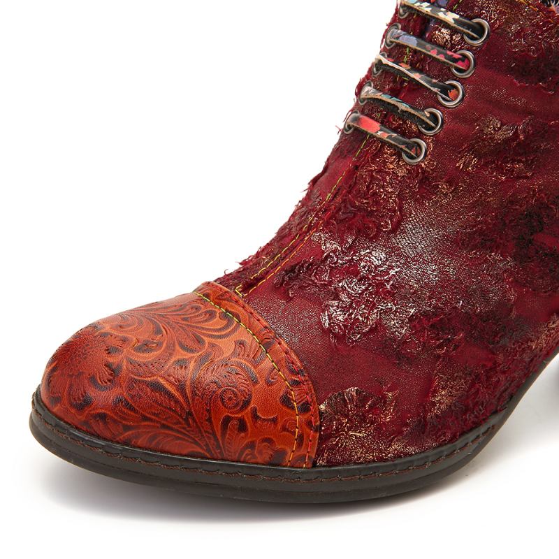 Kvinnor Casual Blommigt Skarvmönster Varmfodrad Zip Up Cone Heel Ankel Boot