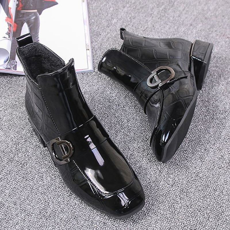 Kvinnor Chic Relief Patent Spänne Dragkedja Ankel Boots