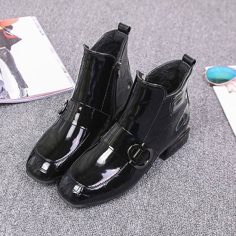 Kvinnor Chic Relief Patent Spänne Dragkedja Ankel Boots
