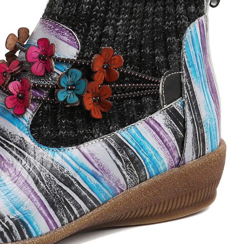 Kvinnor Färgglada Ränder Äkta Läder Splicing Blommor Ankel Boots