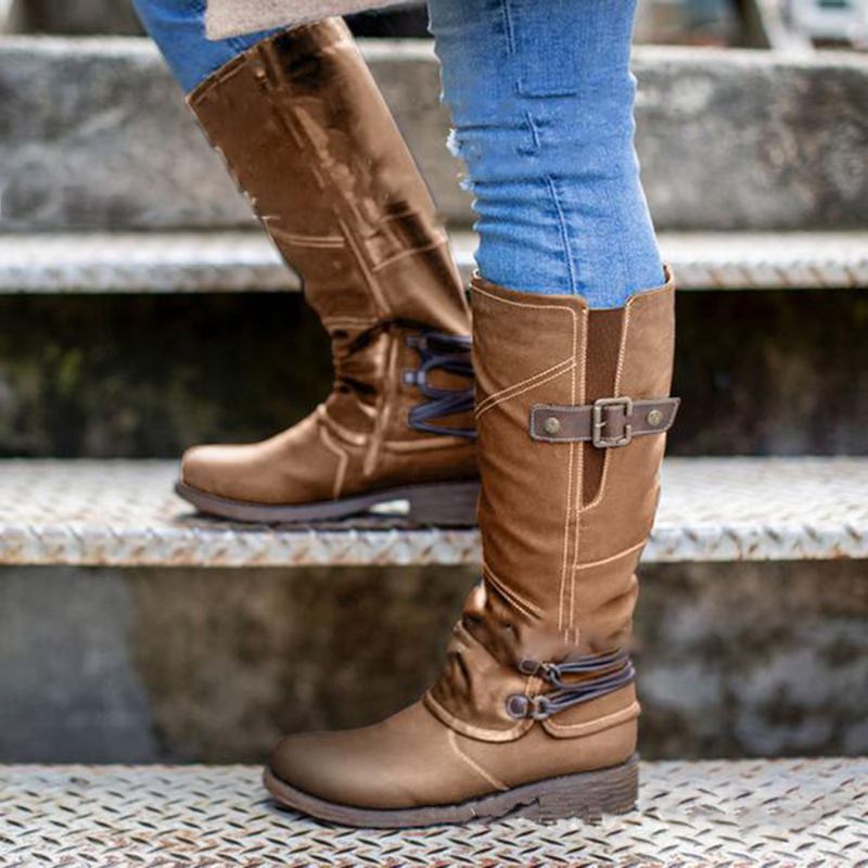 Kvinnor Metal Spänne Dekor Slip On Mid Calf Ridkängor