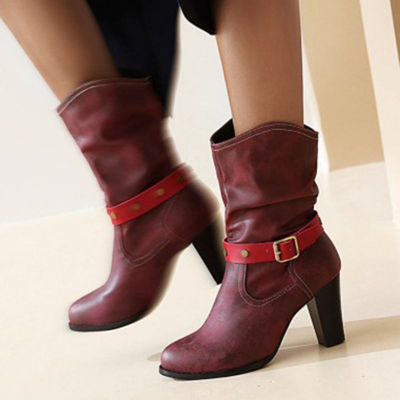 Kvinnor Metal Spänne Rem Dekor Enfärgad Chunky Heel Mid-calf Motorcykel Boots